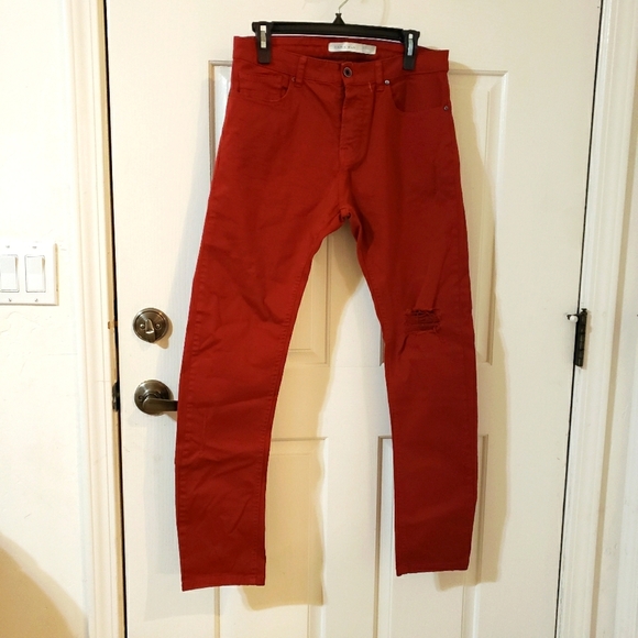 Zara Man Red Distressed Jeans - Picture 1 of 9